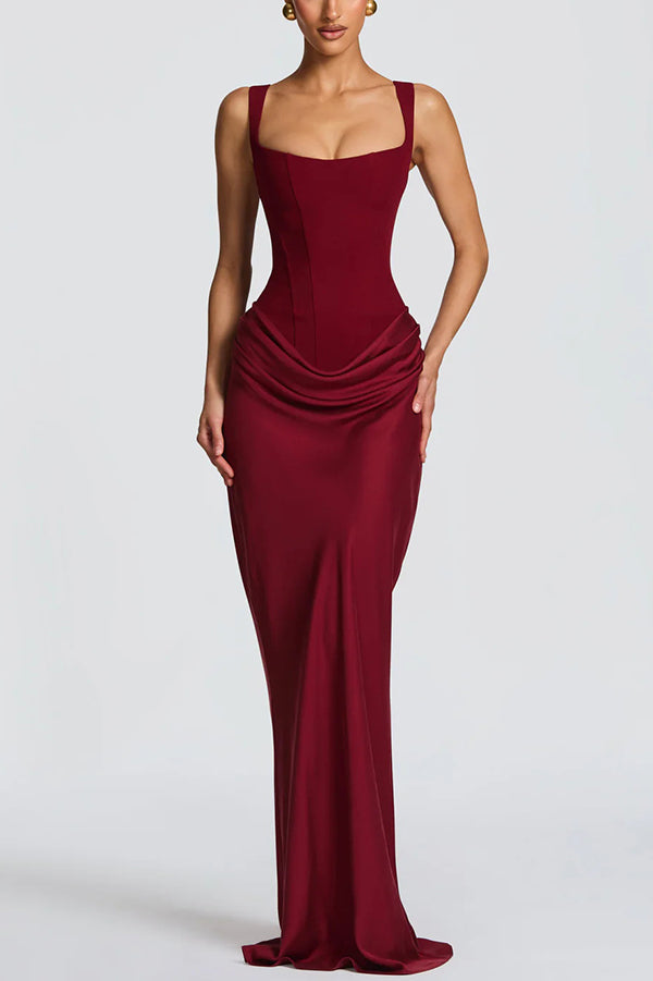 Cardydony Women's Larrah Square Neck Back Lace-up Satin Drape Hem Maxi Dress