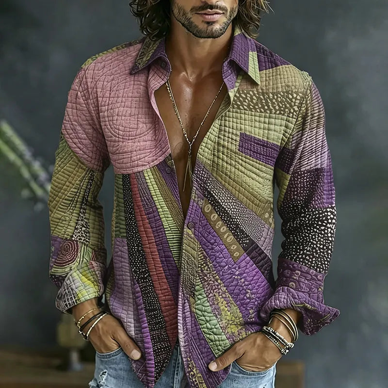 Cardydony Men's Causal Spring Hippie Vibe Colorful Sun Collage Art Print Flowy Linen Blend Shirt