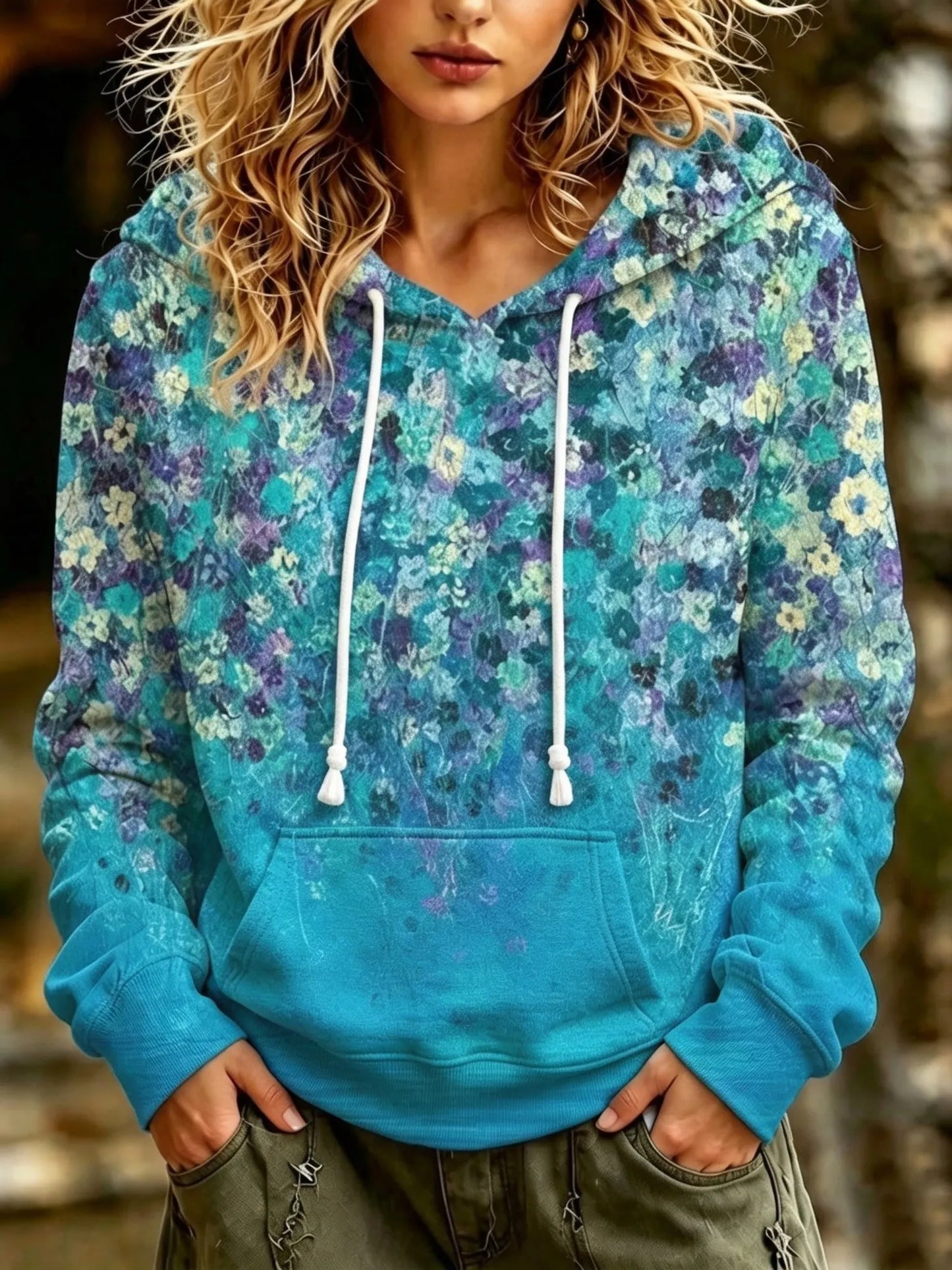Cardydony Women's Retro Bohemian Floral Print Hooded Sweatshirt