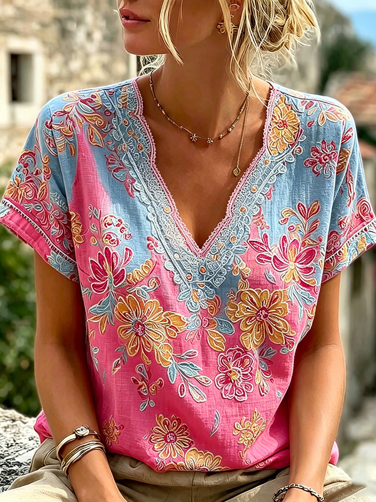 Cardydony Women's Retro Floral Pattern Casual T-shirt