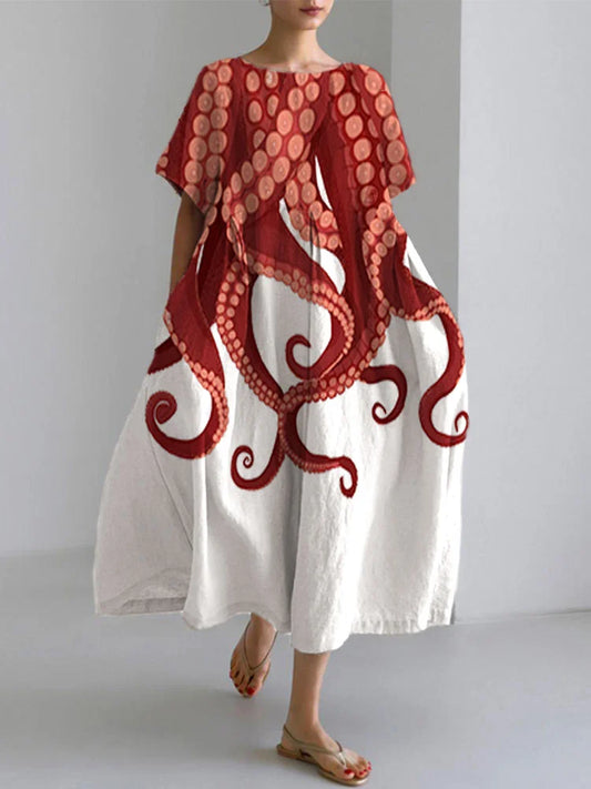 Cadydony Japanese Art Ocean Octopus Print Cotton Blend Dress