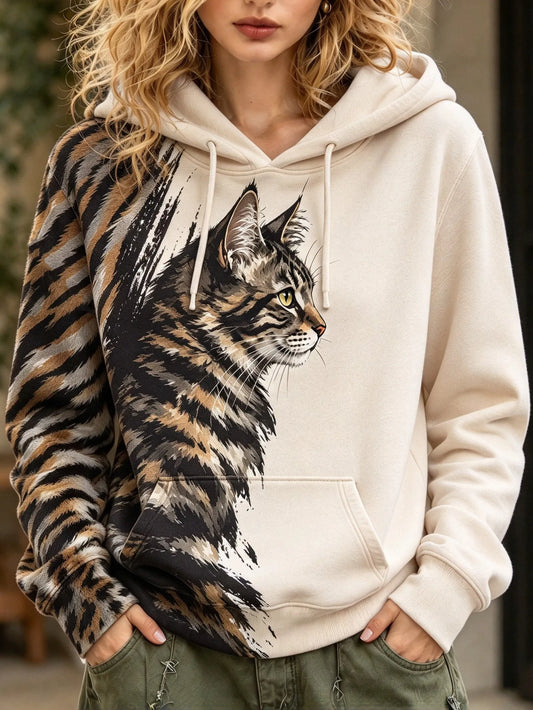 Cardydony Women's Cat-print Colorblock Hoodie