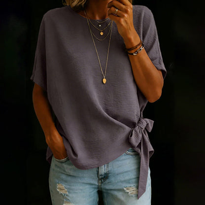 Cardydony Women's Vintage Bow-tie Short Sleeves Round Neck Linen T-shirt