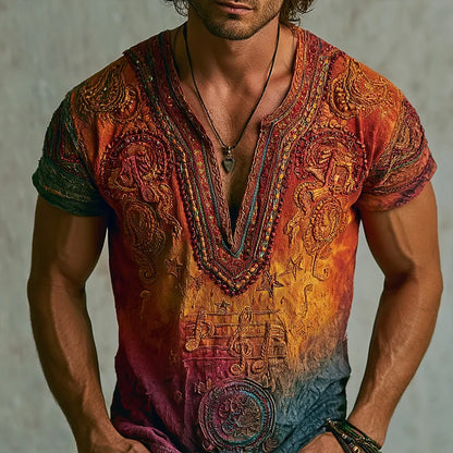 Cardydony Men's Boho Ombre Gradient Beaded Embroidery V-neck Tee, Retro Psychedelic Star & Musical Print Casual Tshirt