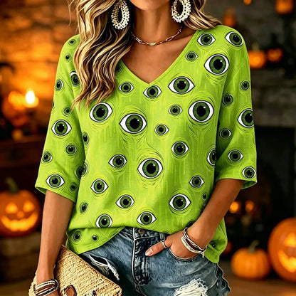 Cardydony Women's Novelty Graphic V-neck Top - Creepy Green Eyeballs All-over Print Casual Tee