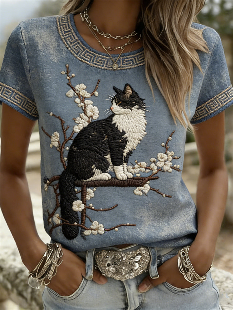 Cardydony Fuzzy Cat & Almond Blossom Japanese Art T Shirt