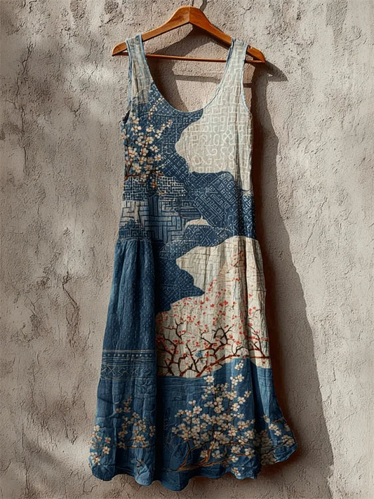 Cardydony Cherry Blossom Sea Waves Japanese Sashiko Art Linen Maxi Dress