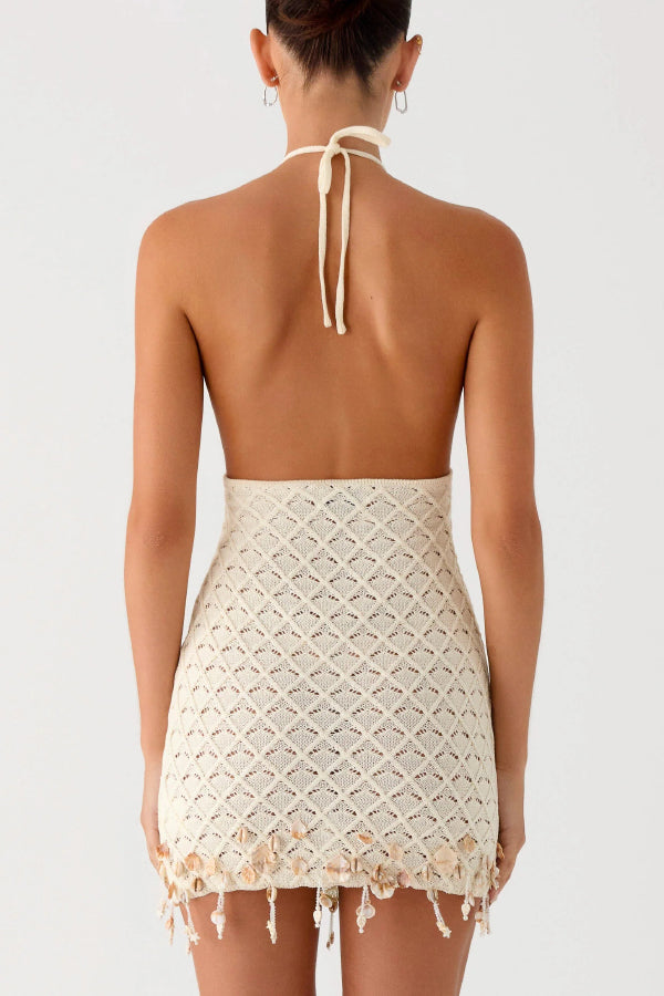 Cardydony Women's Fashionable Openwork Knit Halter Neck Backless Shell Embellished Vacation Cover-up Mini Dress