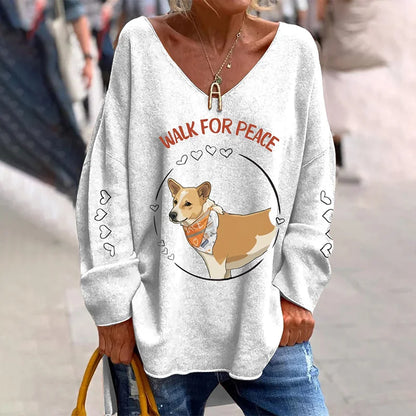 Cardydony Women's Retro Walk For Peace Aloka Dog Print V Neck Loose T-shirt