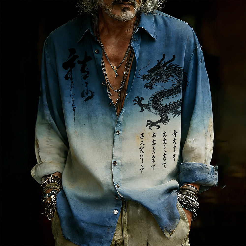 Cardydony Japanese Style Dragon Playing In The Water Flaxen Collar Cardigan Shirt