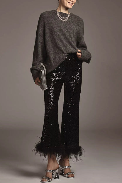 Cardydony Women's New Year Eve Sequin Feather Trim High Rise Back Zipper Flare Pants