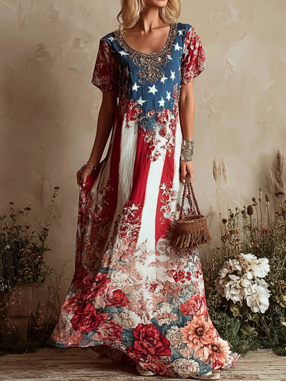 Cardydony Women's American Flag And Floral Print Dress