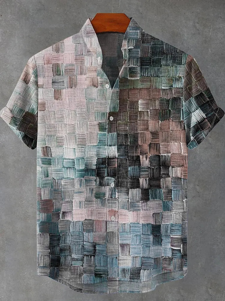 Cardydony Oil Painting Style Lattice Vintage Art Print Casual Cotton Linen Shirt
