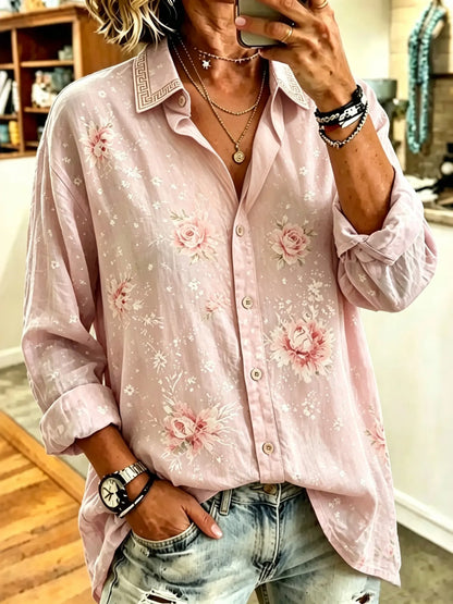 Cardydony Women's Vintage Autumn And Winter Pink Floral Art Print Flowy Linen Blend Long Sleeve Shirts