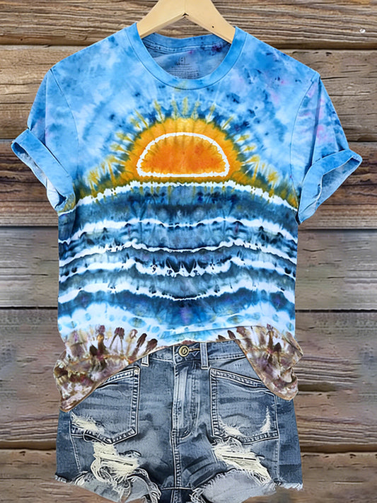 Cardydony Women's Sunset On The Ocean Ice Dyed Tie Dye T-shirt