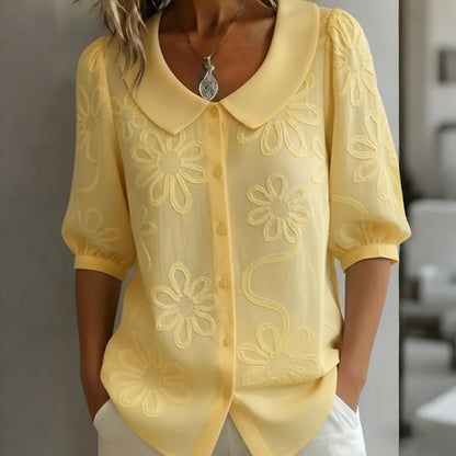 Cardydony Loose Vintage Button Embroidered Floral Mid-sleeve Shirt