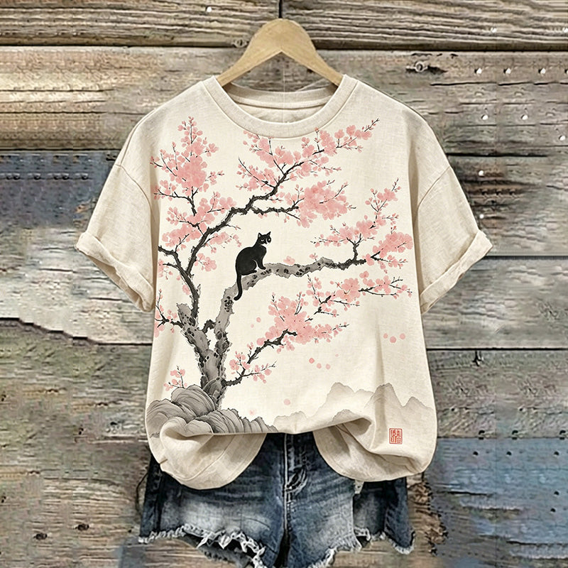 Cardydony Retro Cute Cat And Cherry Blossom Pattern Casual Short-sleeved T-shirt