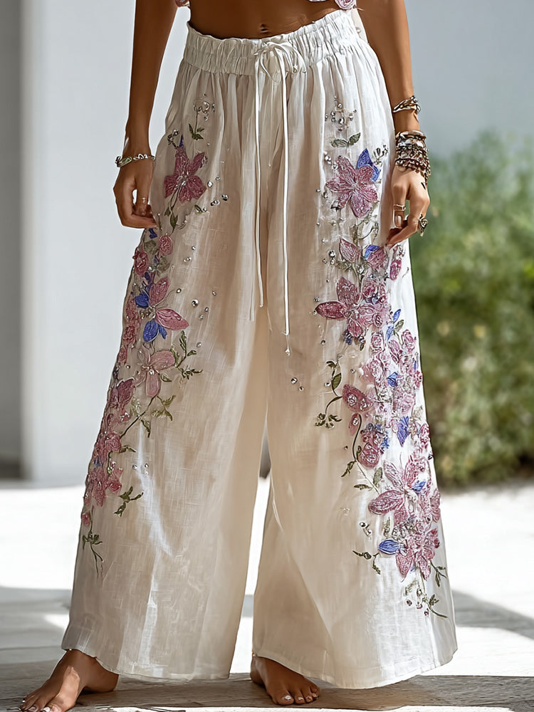 Cardydony Boho Floral Embroidery & Rhinestone Wide Leg Pants