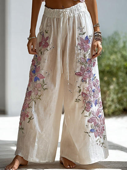 Cardydony Boho Floral Embroidery & Rhinestone Wide Leg Pants