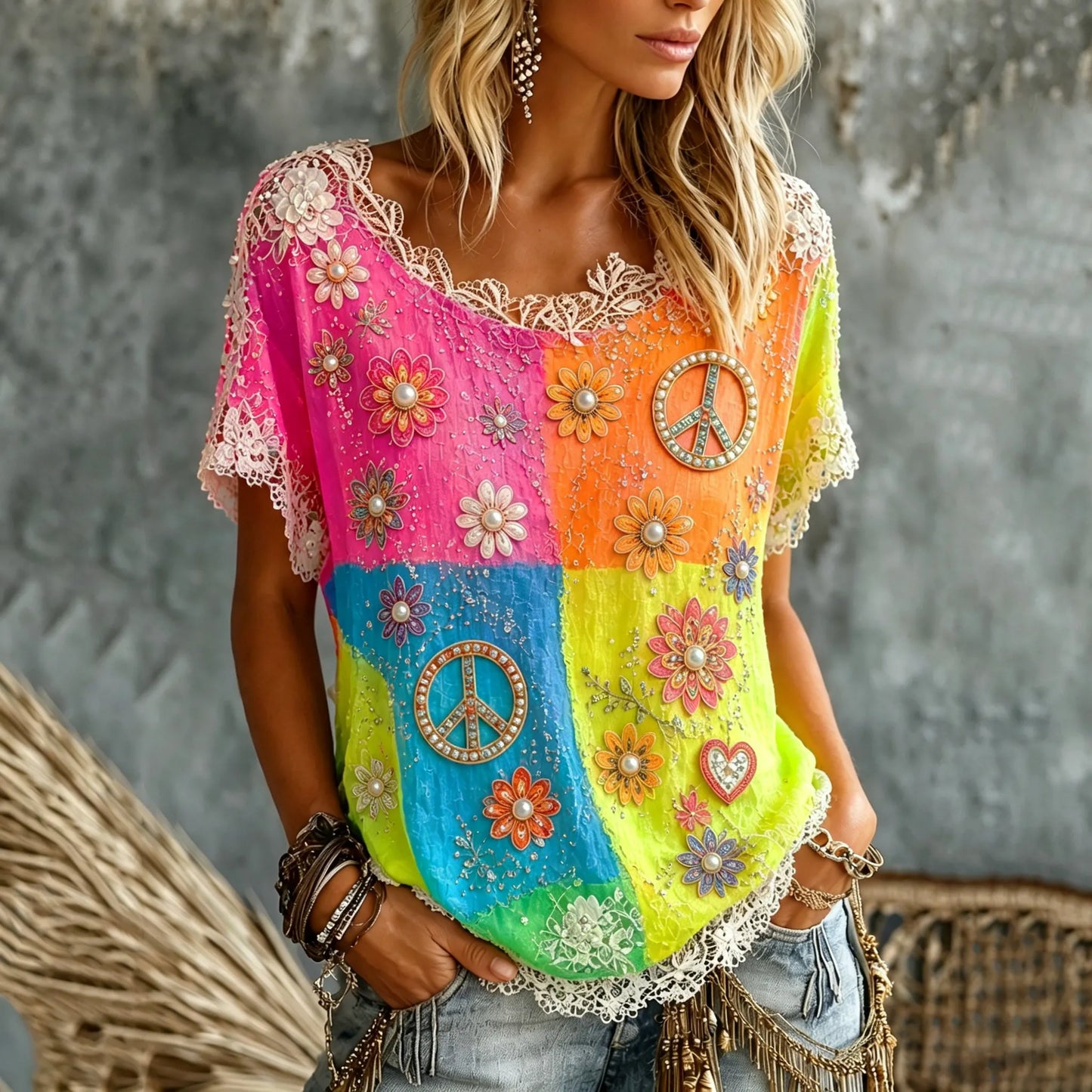 Cardydony Women's Pearl Floral Peace Sign Tie Dye Art Print Casual T-shirt