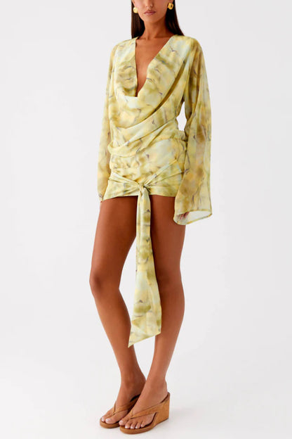 Cardydony Women's Tie-dye Print V-neck Long-sleeved Ribbon Vacation Mini Dress