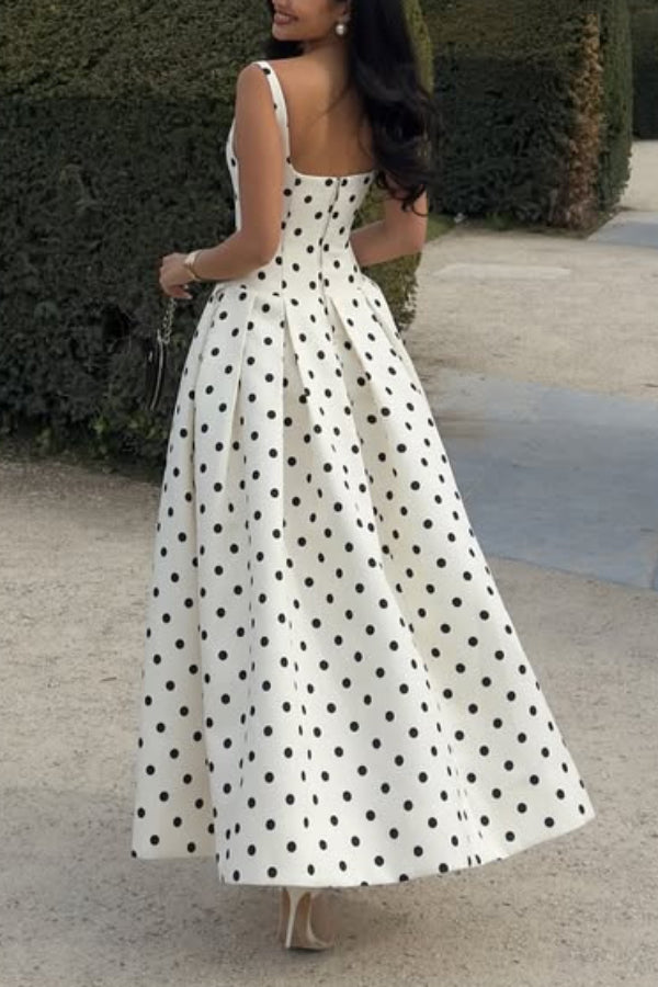Cardydony Women's Polka Dot Print Square Neck Sleeveless Holiday Maxi Dress