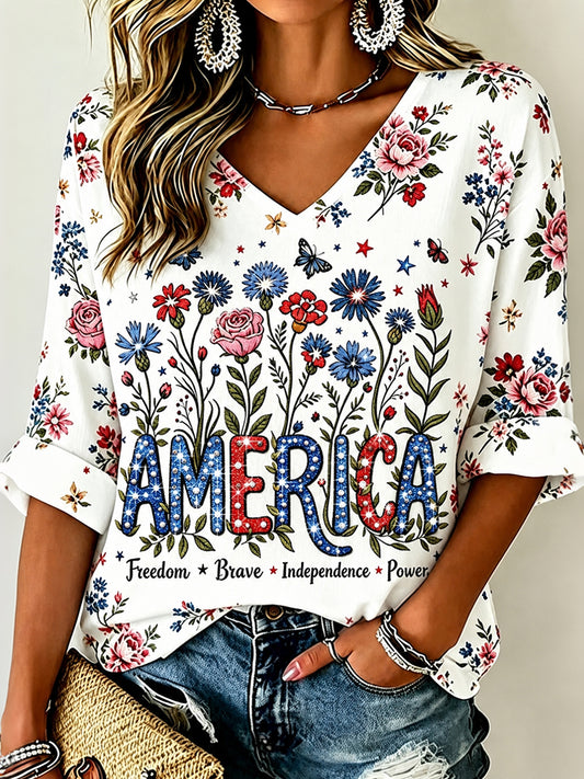 Cardydony Women's Independence Day Anniversary Print Three-quarter Sleeve V Neck Tops