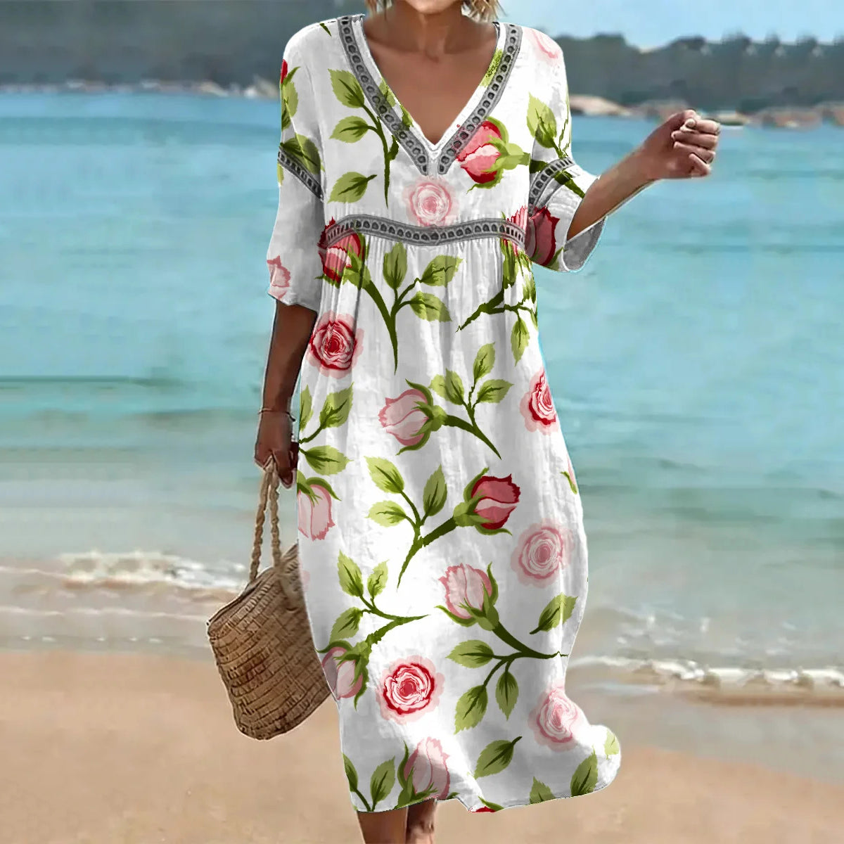 Cardydony Women's Rose Floral Art Pattern Linen Blend Loose Three-quarter Sleeve V Neck Dress