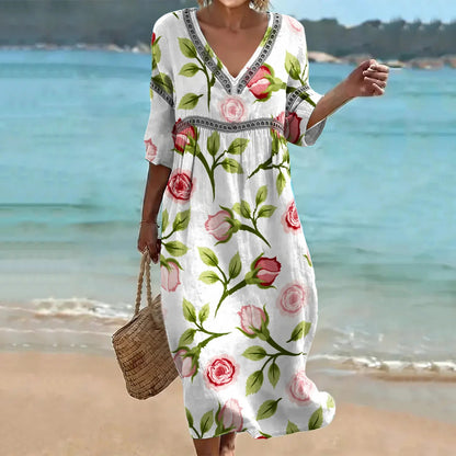 Cardydony Women's Rose Floral Art Pattern Linen Blend Loose Three-quarter Sleeve V Neck Dress