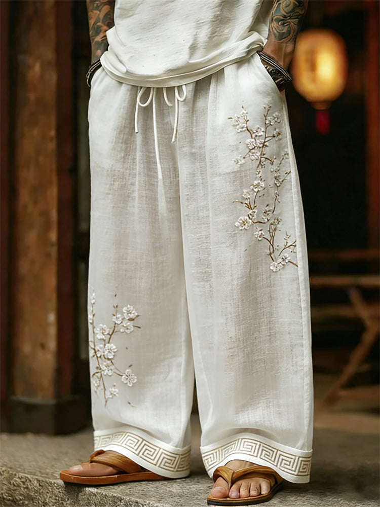 Cardydony Men's Classy White Almond Blossom Linen Pants