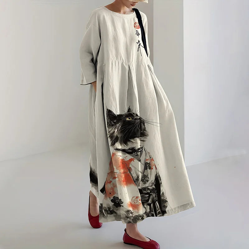 Cardydony Women's Retro Japanese Cat Art Print Midi Dress