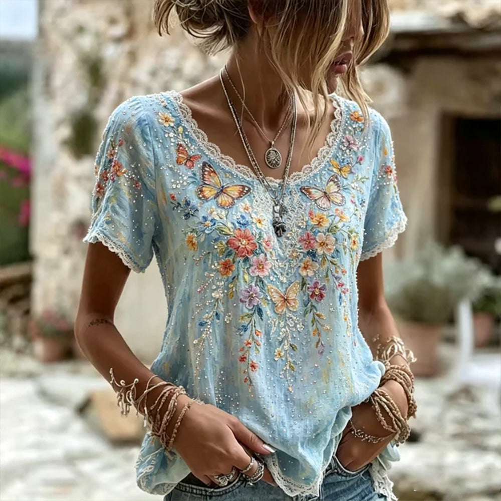 Cardydony Women's Colorful Floral And Butterfly Art Embroidered Linen Blend Lace Crew Neck Short Sleeve Top