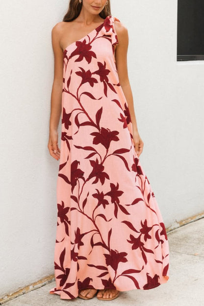 Cardydony Women's Botanical Print Sleeveless One-shoulder Tie-up Casual Vacation Maxi Dress