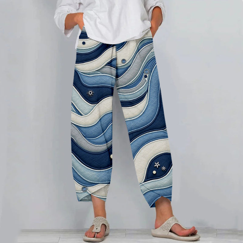 Cardydony Waves Of Edo Abstract Japanese Art Cropped Linen Pants