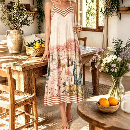 Cardydony Landscape Print Satin Sleeveless Midi Dress