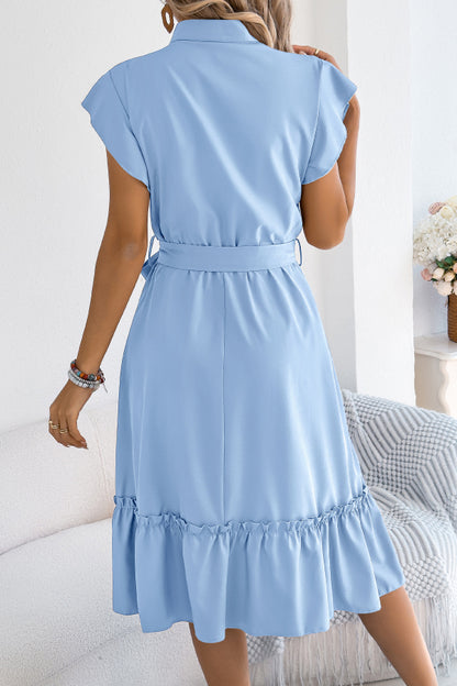 Cardydony Women's Solid Color Stand Collar Button Waist Tie Casual Midi Dress