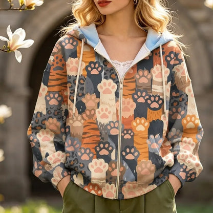 Cardydony Women's Cute Cartoon Cat Paws And Tiger Stripes Print Zip-up Hoodie