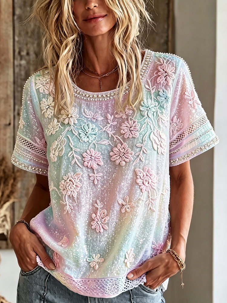 Cardydony Women's Summer Floral In Macarons Colorful Art Linen Blend Short Sleeve Tops