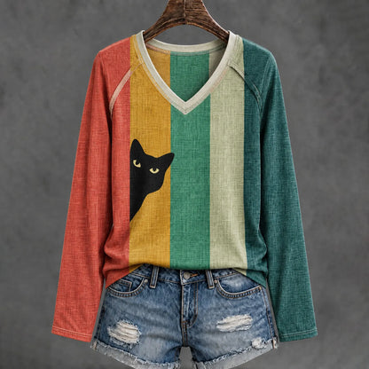 Cardydony Women's Retro Peeking Black Cat Abstract Color Blocking Art Print Casual Long-sleeve T-shirt