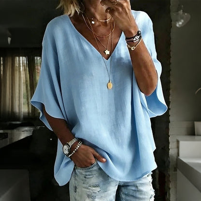 Cardydony Women's Solid Color V-neck Linen Blend Loose T-shirt