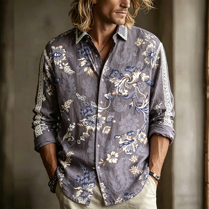 Cardydony Men's Retro Plant Flower Embroidery Pattern Design Casual Linen Shirt