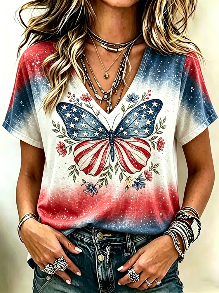Cardydony Women's Vintage Independence Day Butterfly Printed V Neck Short Sleeve Casual Shirt