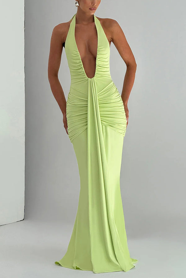 Cardydony Women's Solid Color Elegant Halterneck V-neck Open Back Tie Gathered Maxi Dress