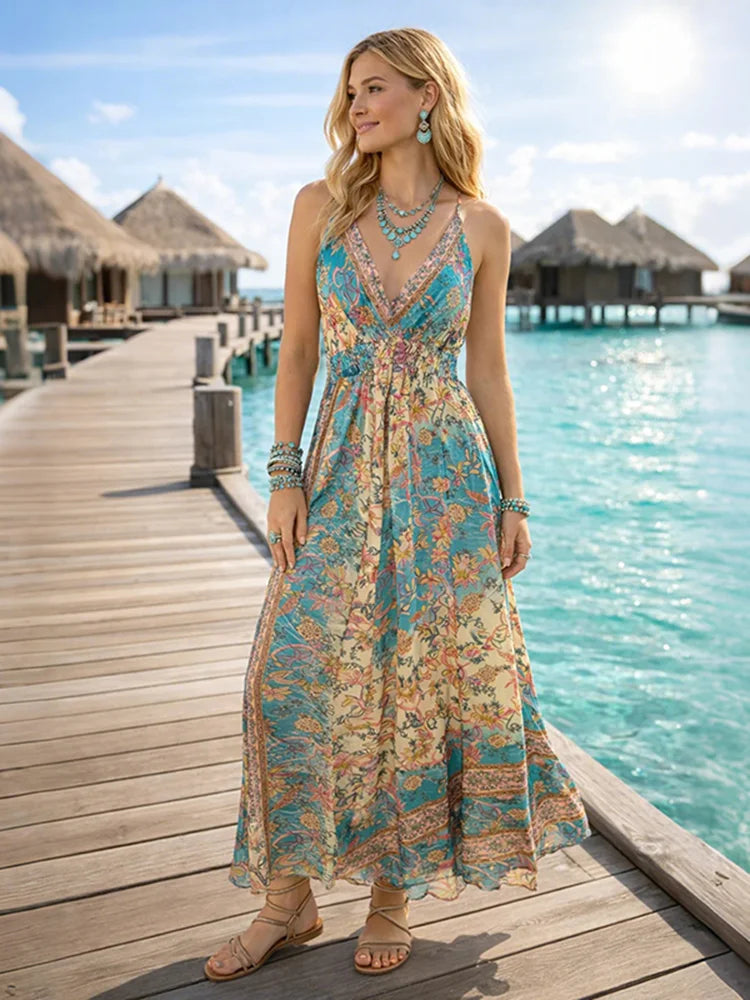 Cardydony Vintage Boho Tropical Floral Print Maxi Suspender Dress