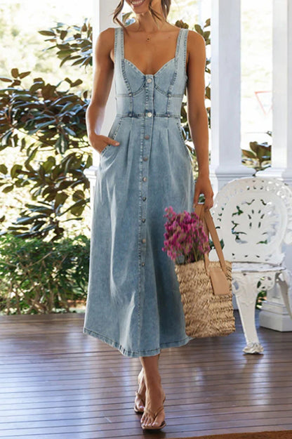 Cardydony Women's Stylish Single-breasted Fitted Waist Gathered Back Denim Maxi Dress