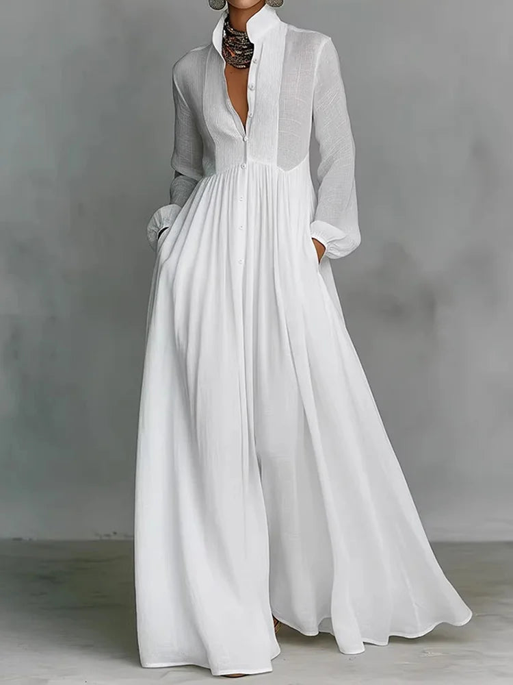 Cardydony Women's Casual Solid Color Pleated Cotton Linen Maxi Dress