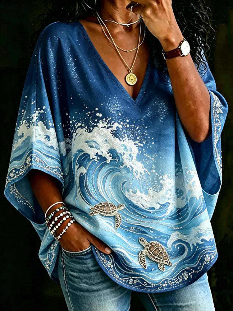 Cardydony Women's Ocean Turtle Art Print V-neck Loose T-shirt