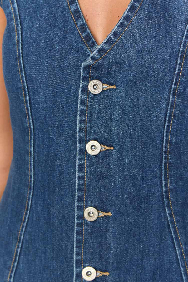 Cardydony Women's Stylish Sleeveless V-neck Buttons Tie-up Denim Mini Dress