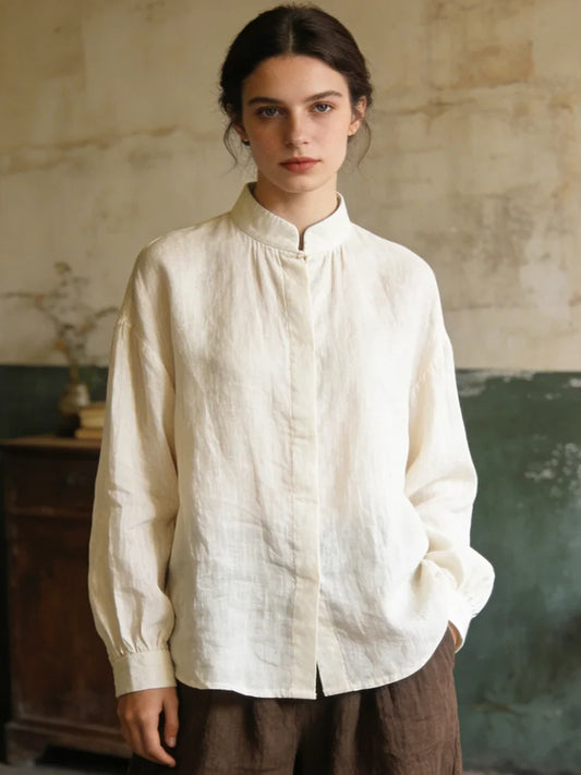 Cardydony Women's Japanese Cotton Linen Standing Collar Long Sleeve Shirt