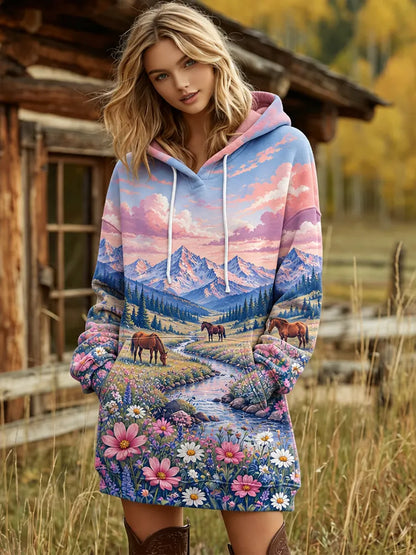 Cardydony Women's Mountain Landscape And Horse Floral Pattern Hoodie Dress